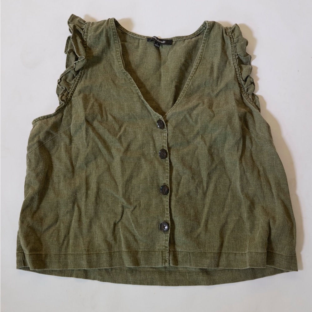 Madewell Olive Ruffle Sleeve Button-Up Blouse